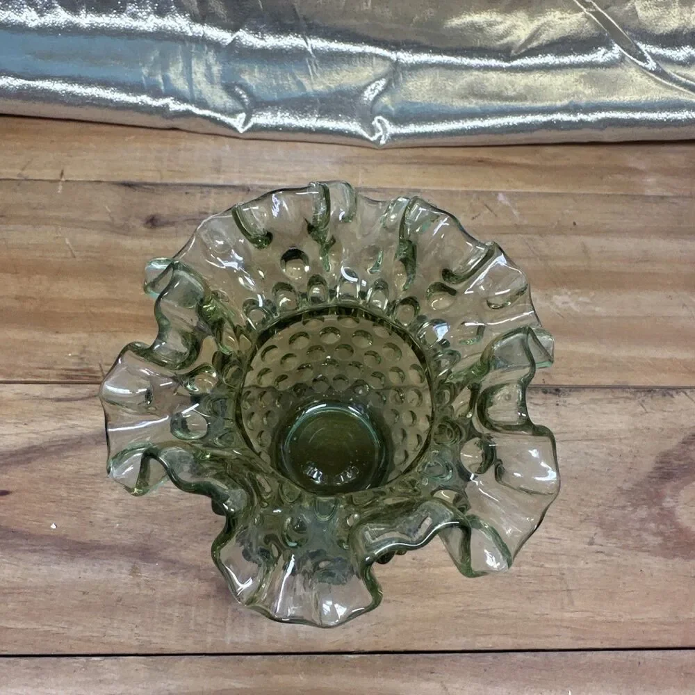 Vintage Fenton Olive Green Ruffled Edge Hobnail Vase 3